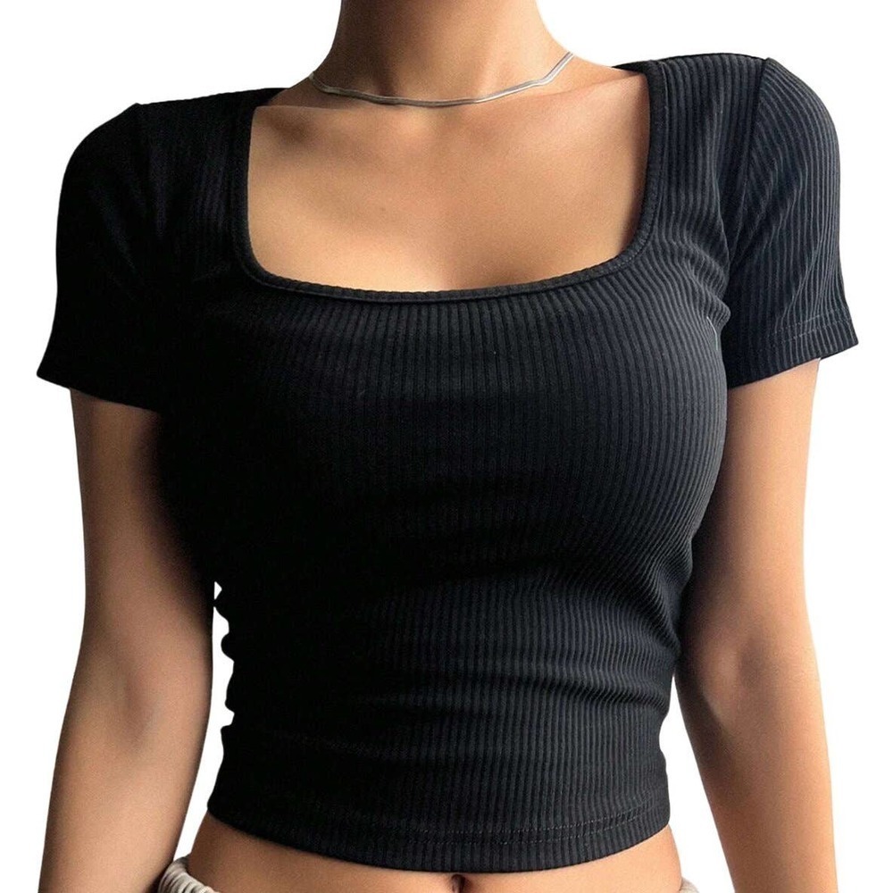 DAZY Kpop Square Neck Ribbed Knit Crop Tee in Black, Size XL​​​​​​​